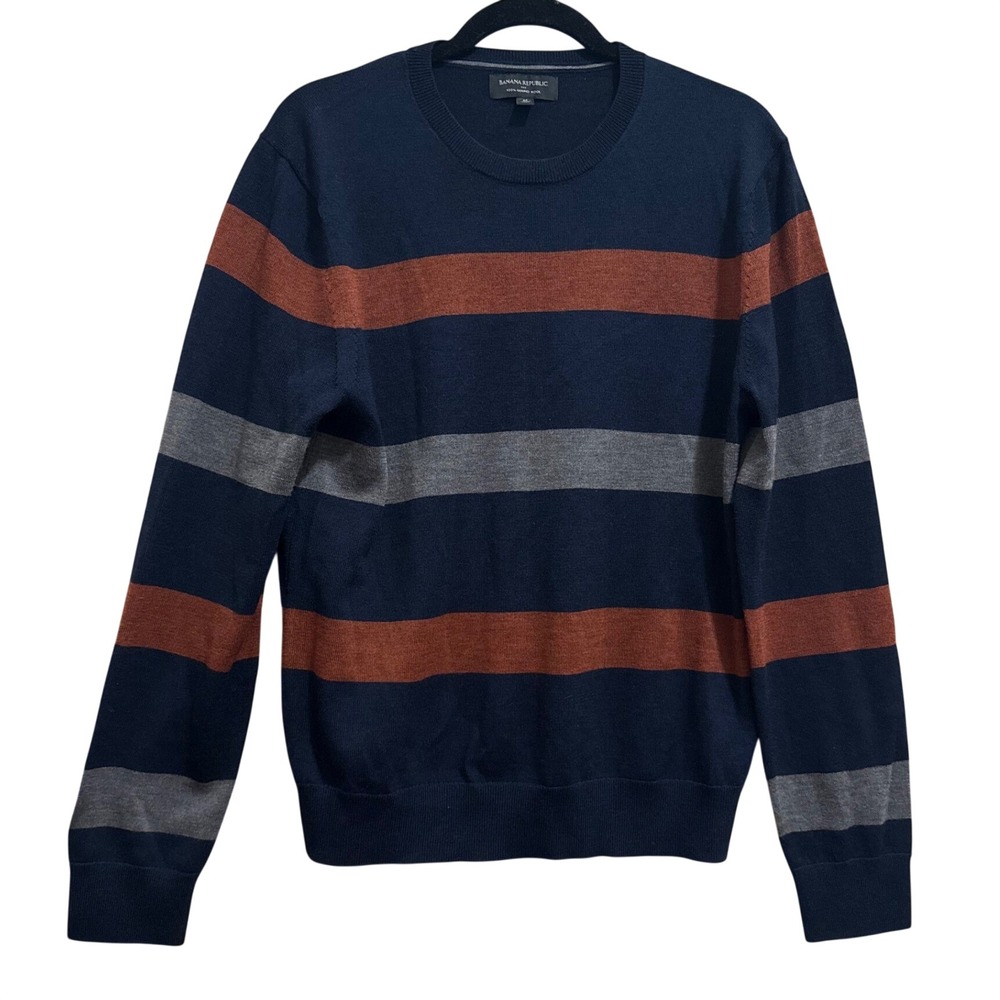 Banana Republic 100% Merino Wool Striped Crew Neck Sweater Navy Rust Gray M
